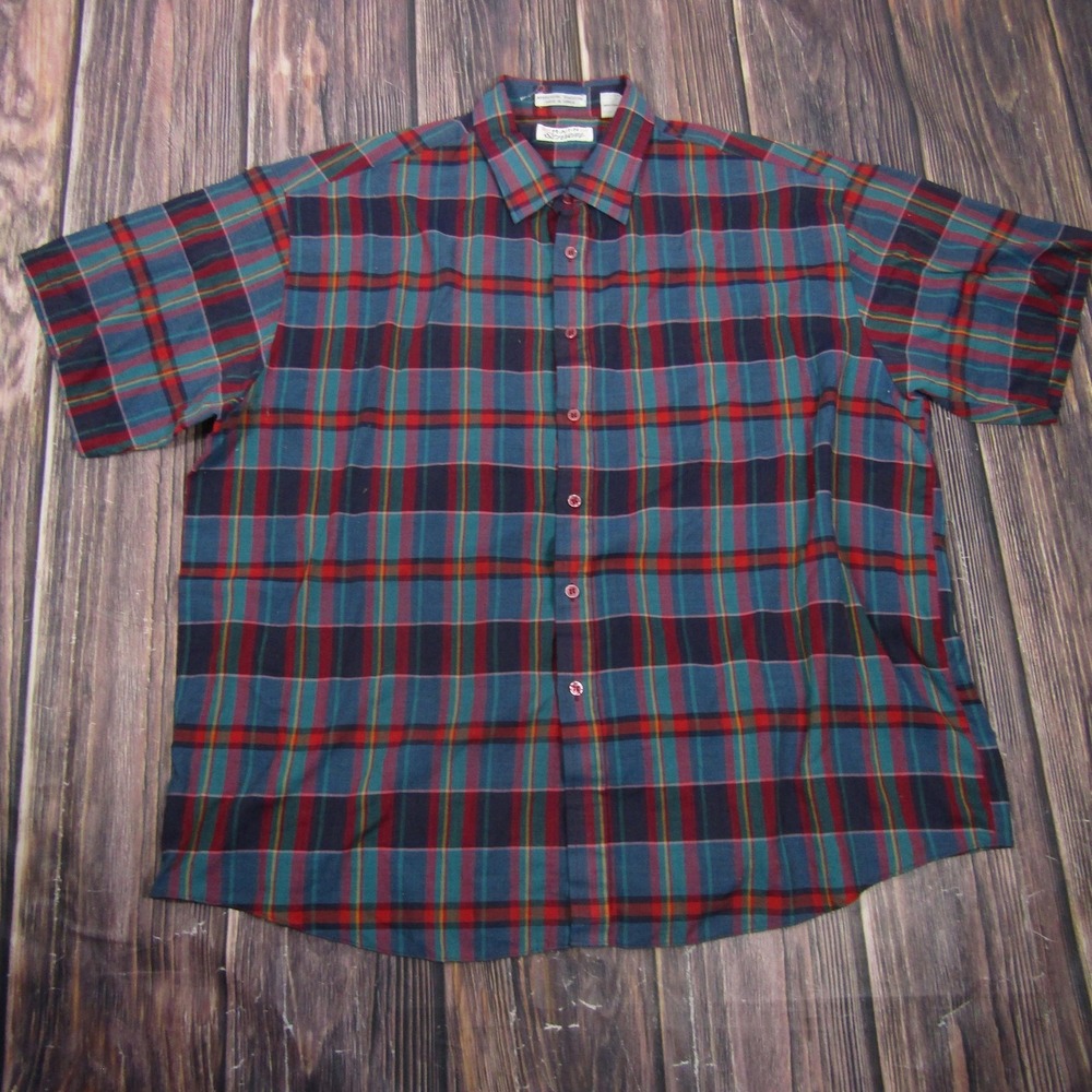 M.A.I.N Stream Shirt Mens 2XL Blue Plaid Short Sleeve Button Up Easy Care